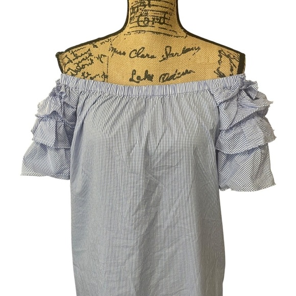 Sara Campbell Off The Shoulder Gingham Ruffle Shift Dress Blue White Size Medium - Picture 7 of 10